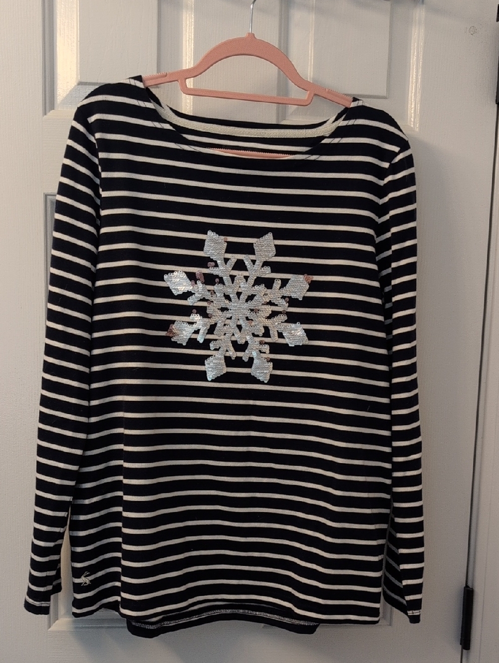 Joules Navy & White Striped Long-Sleeve Top with Sequin Snowflake